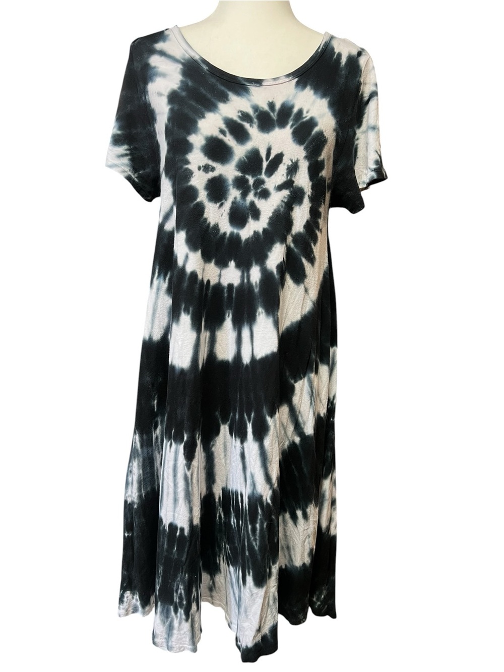 Black & White 100% Cotton Tie-Dye Short Sleeve Dress High-Low